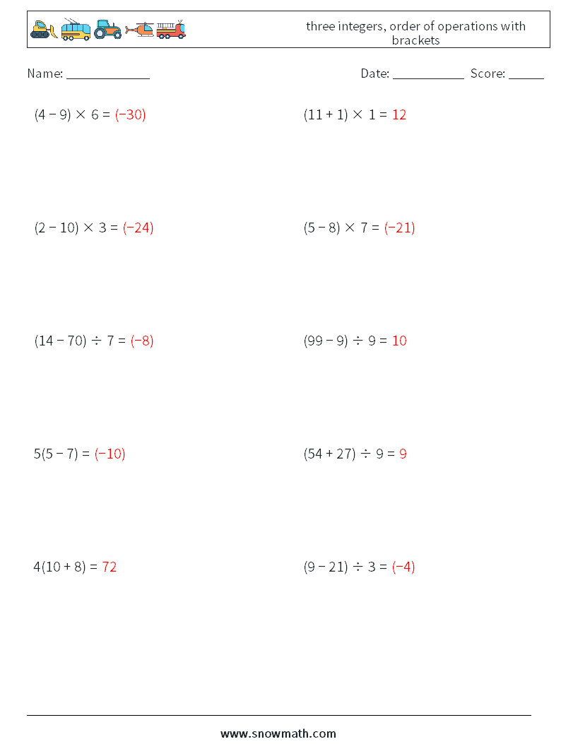 three integers, order of operations with brackets Maths Worksheets 18 Question, Answer