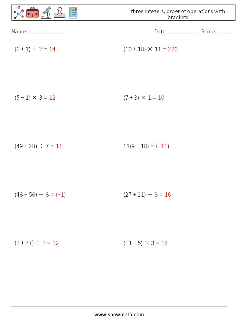 three integers, order of operations with brackets Maths Worksheets 1 Question, Answer