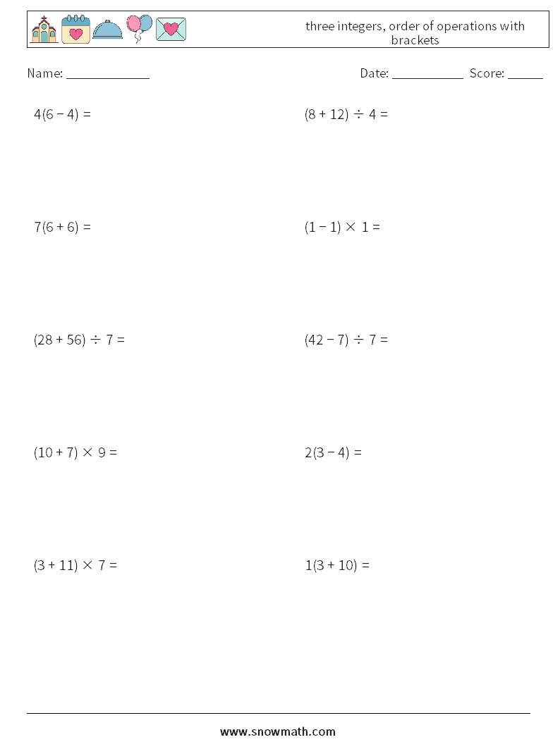 three integers, order of operations with brackets Maths Worksheets 2