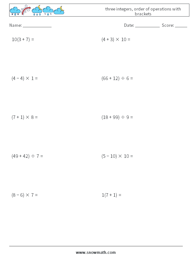 three integers, order of operations with brackets Maths Worksheets 3