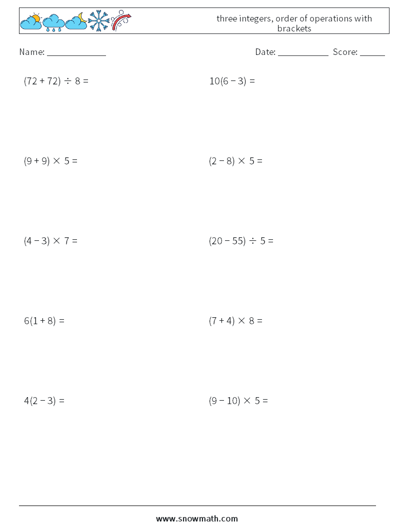 three integers, order of operations with brackets Maths Worksheets 4