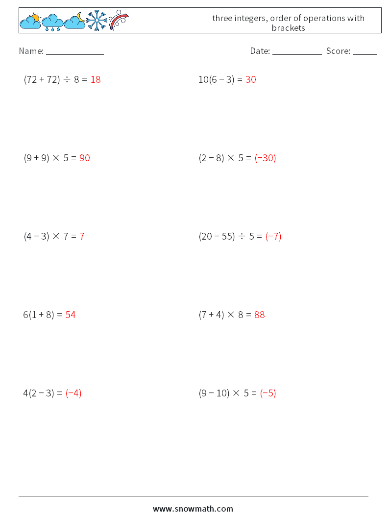 three integers, order of operations with brackets Maths Worksheets 4 Question, Answer