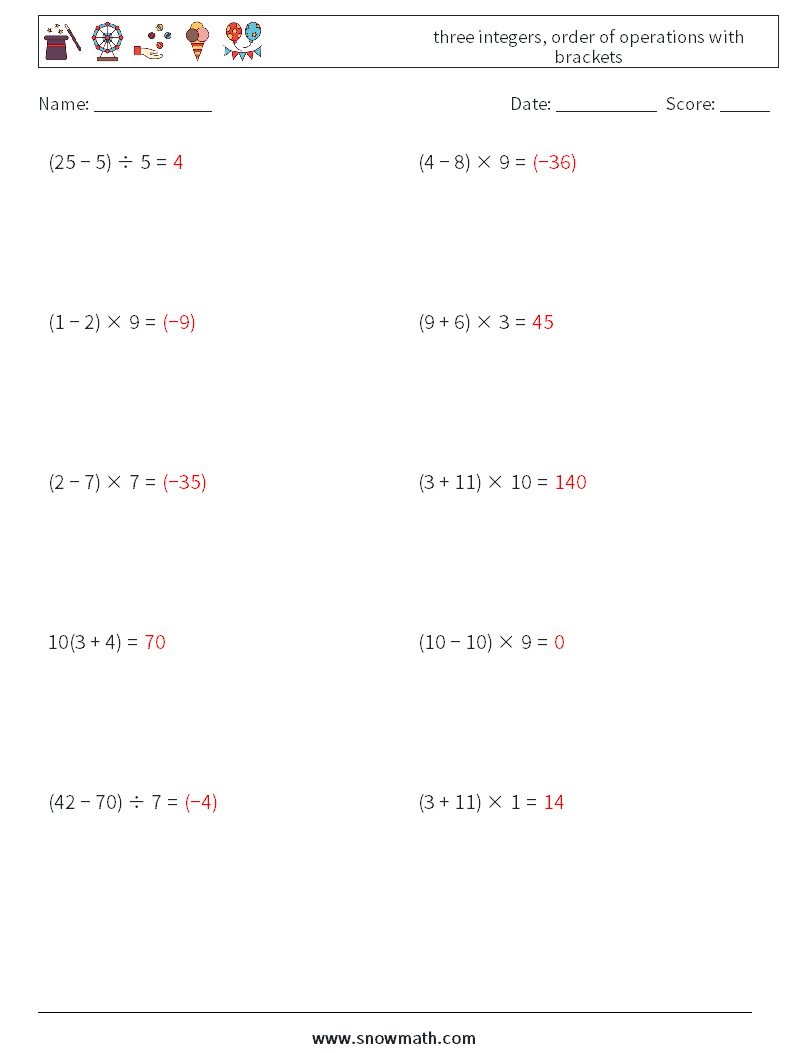 three integers, order of operations with brackets Maths Worksheets 5 Question, Answer