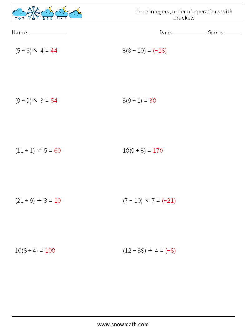 three integers, order of operations with brackets Maths Worksheets 6 Question, Answer