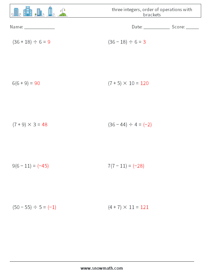 three integers, order of operations with brackets Maths Worksheets 7 Question, Answer