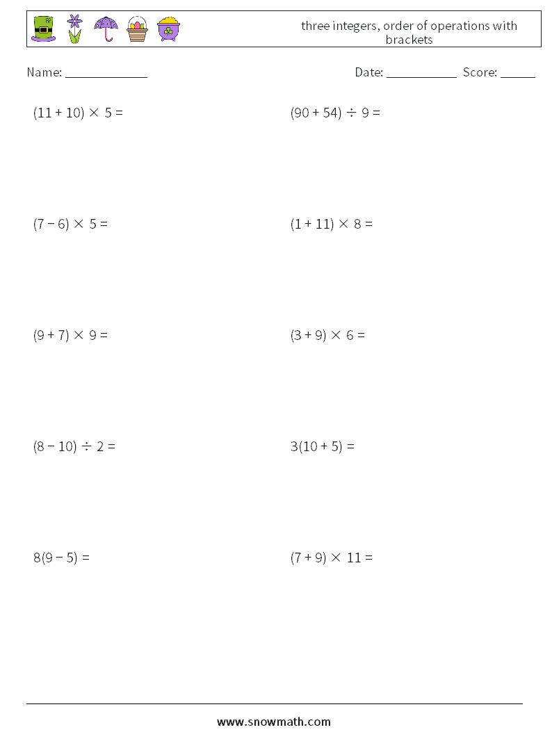 three integers, order of operations with brackets Maths Worksheets 8