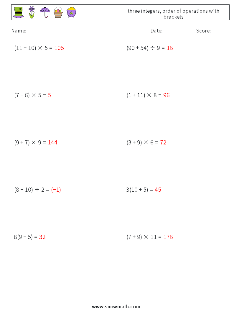 three integers, order of operations with brackets Maths Worksheets 8 Question, Answer