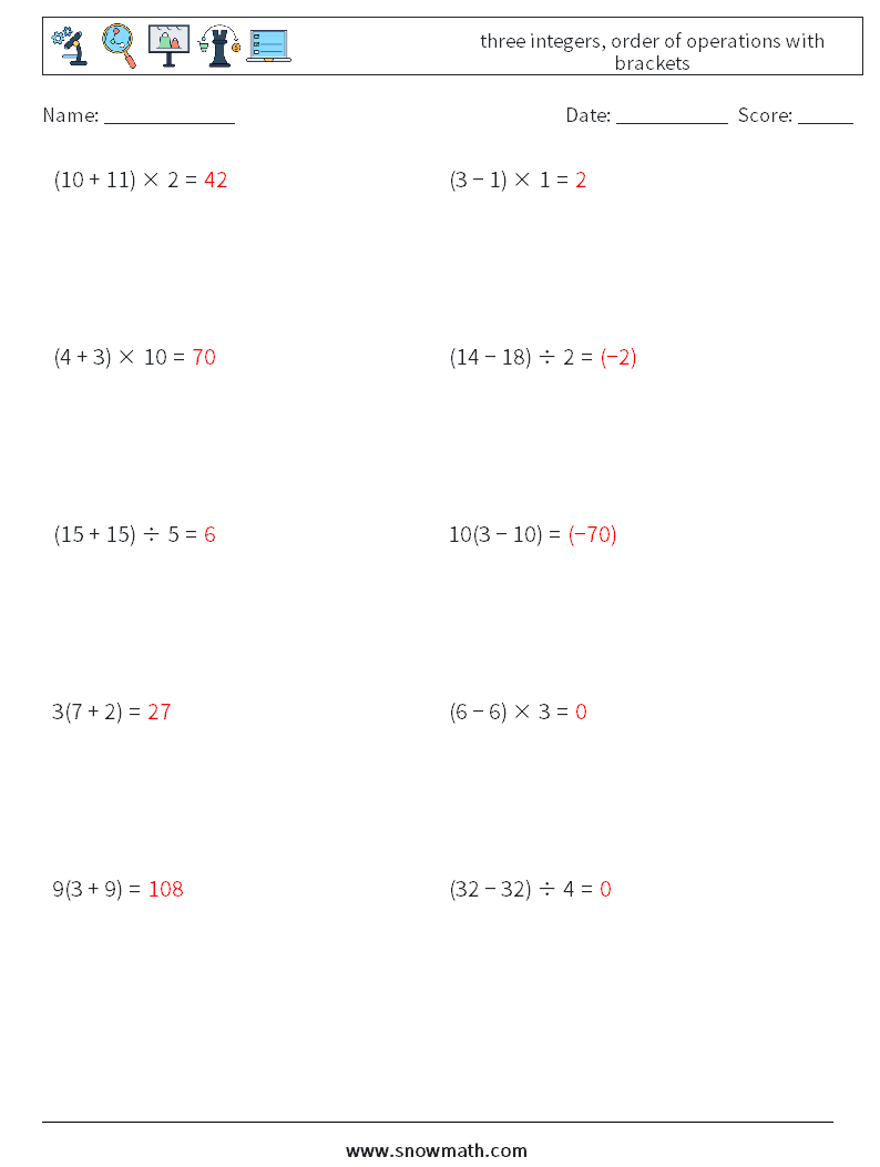 three integers, order of operations with brackets Maths Worksheets 9 Question, Answer