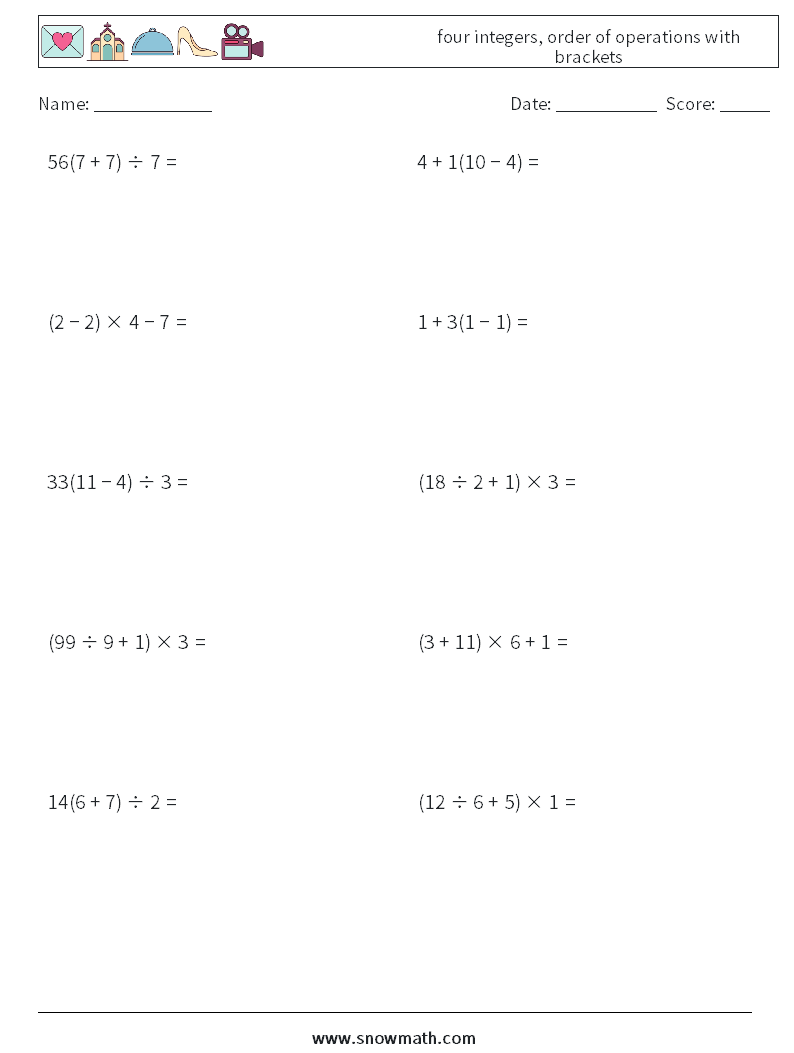 four integers, order of operations with brackets Maths Worksheets 10