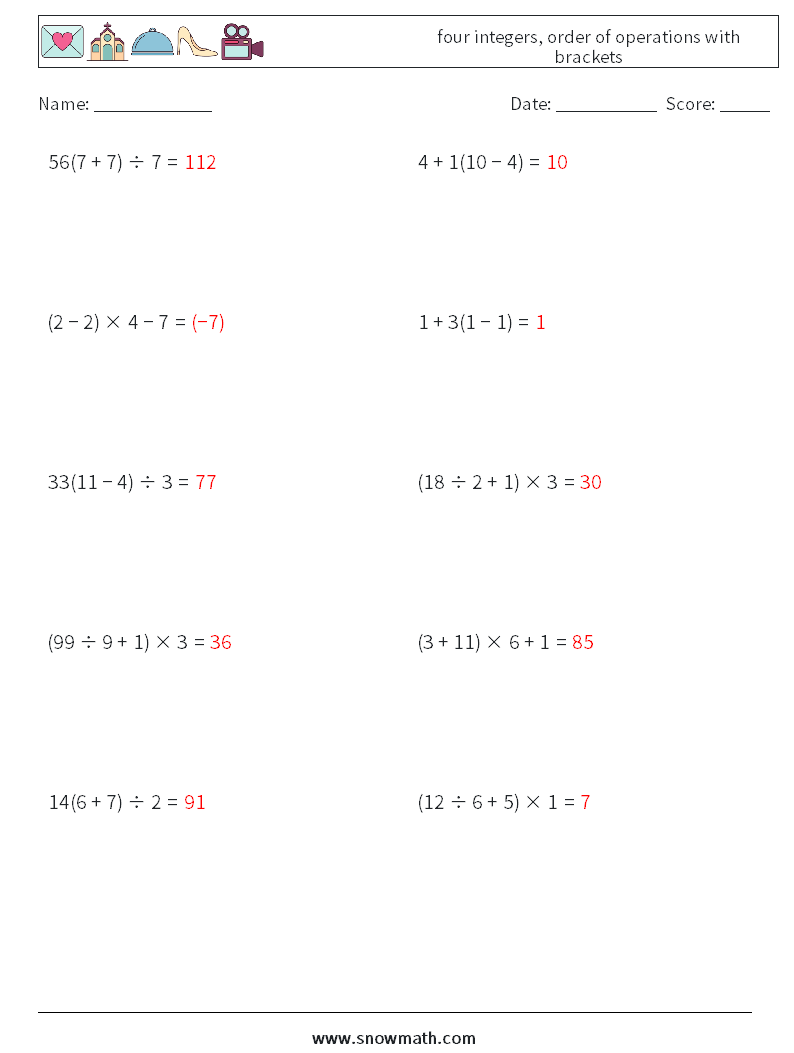 four integers, order of operations with brackets Maths Worksheets 10 Question, Answer