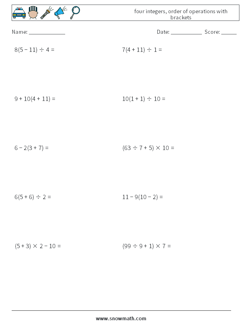 four integers, order of operations with brackets Maths Worksheets 12