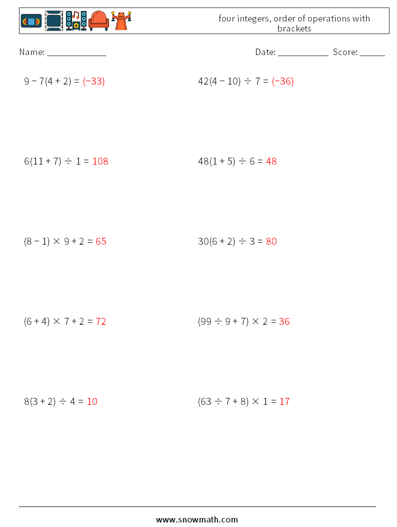 four integers, order of operations with brackets Maths Worksheets 14 Question, Answer