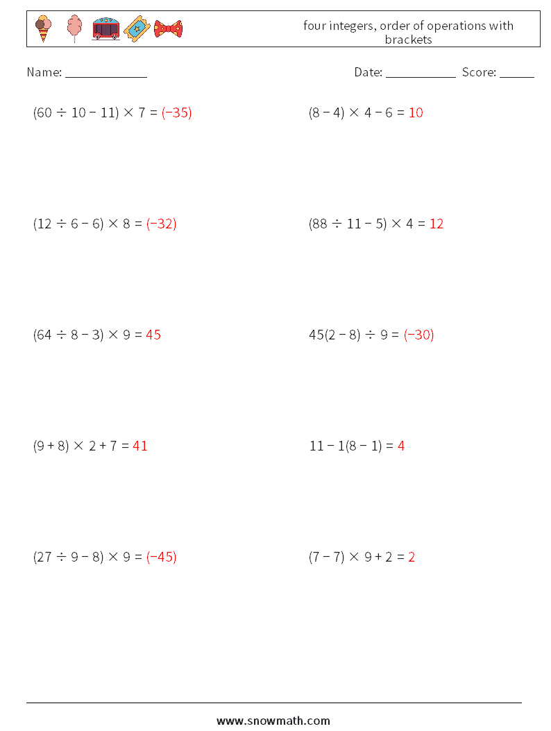 four integers, order of operations with brackets Maths Worksheets 15 Question, Answer
