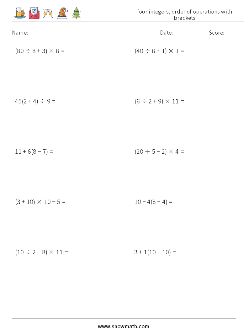 four integers, order of operations with brackets Maths Worksheets 17