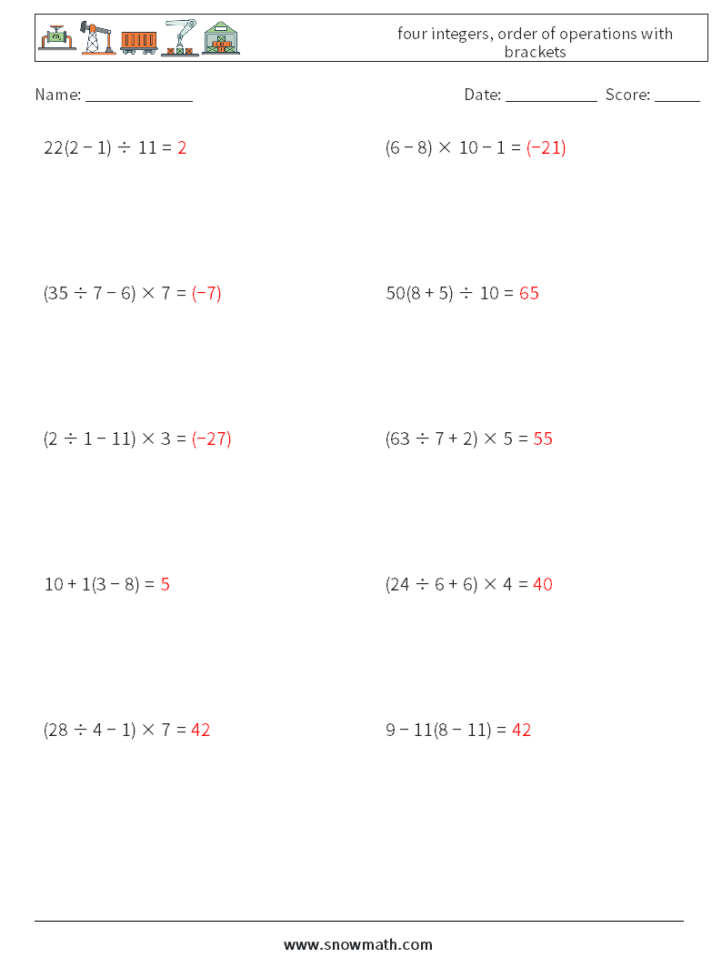 four integers, order of operations with brackets Maths Worksheets 18 Question, Answer