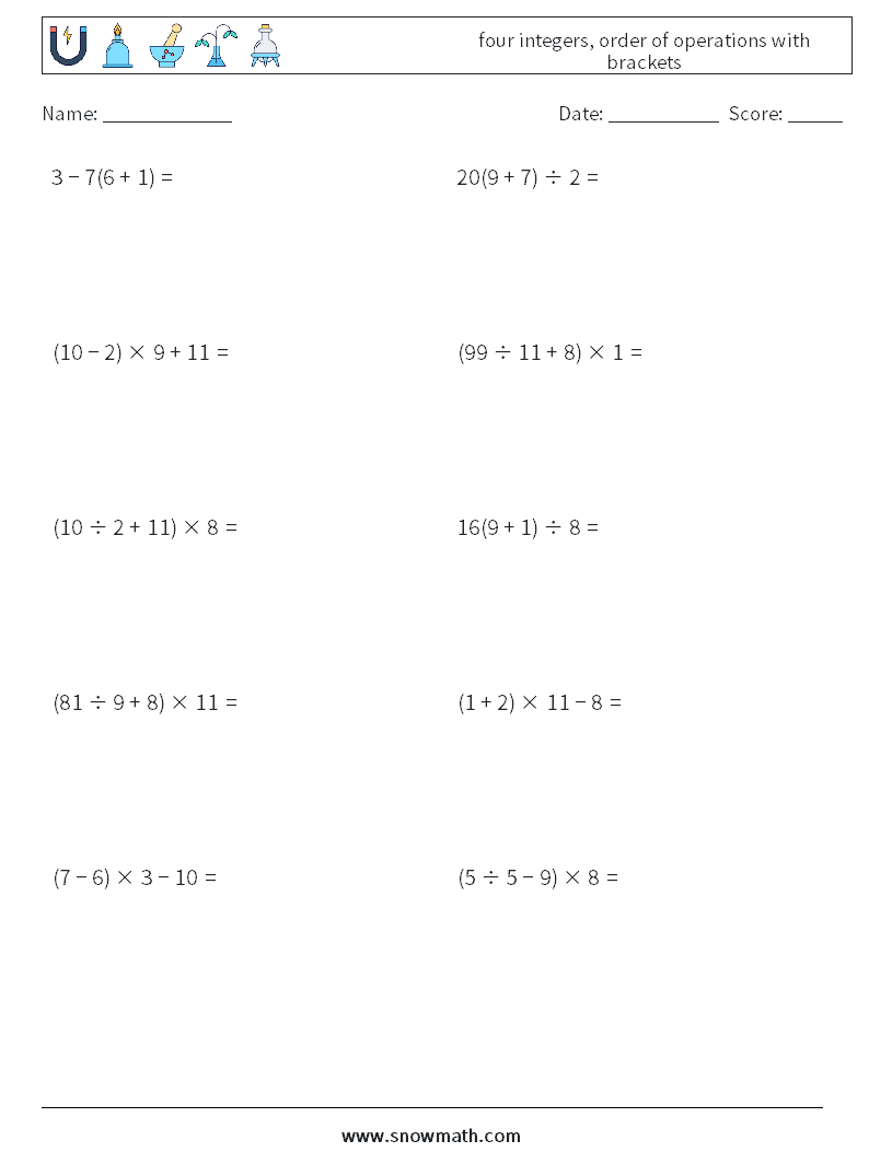 four integers, order of operations with brackets Maths Worksheets 4