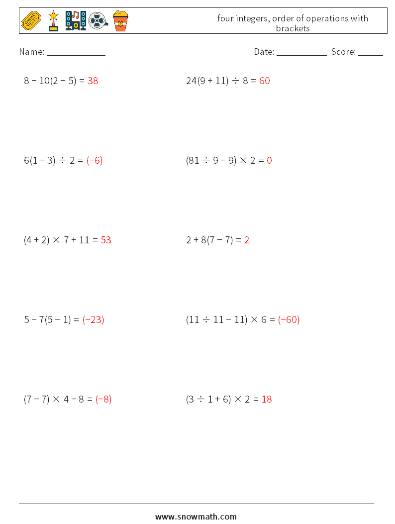 four integers, order of operations with brackets Maths Worksheets 5 Question, Answer