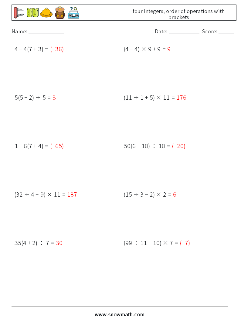 four integers, order of operations with brackets Maths Worksheets 6 Question, Answer