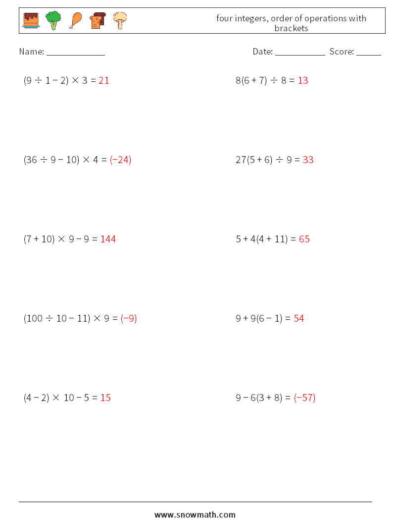 four integers, order of operations with brackets Maths Worksheets 8 Question, Answer