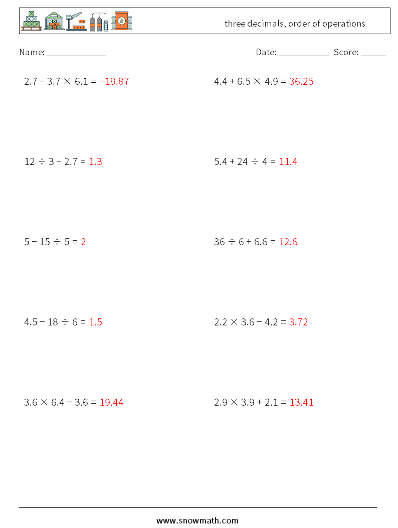 three decimals, order of operations Maths Worksheets 13 Question, Answer