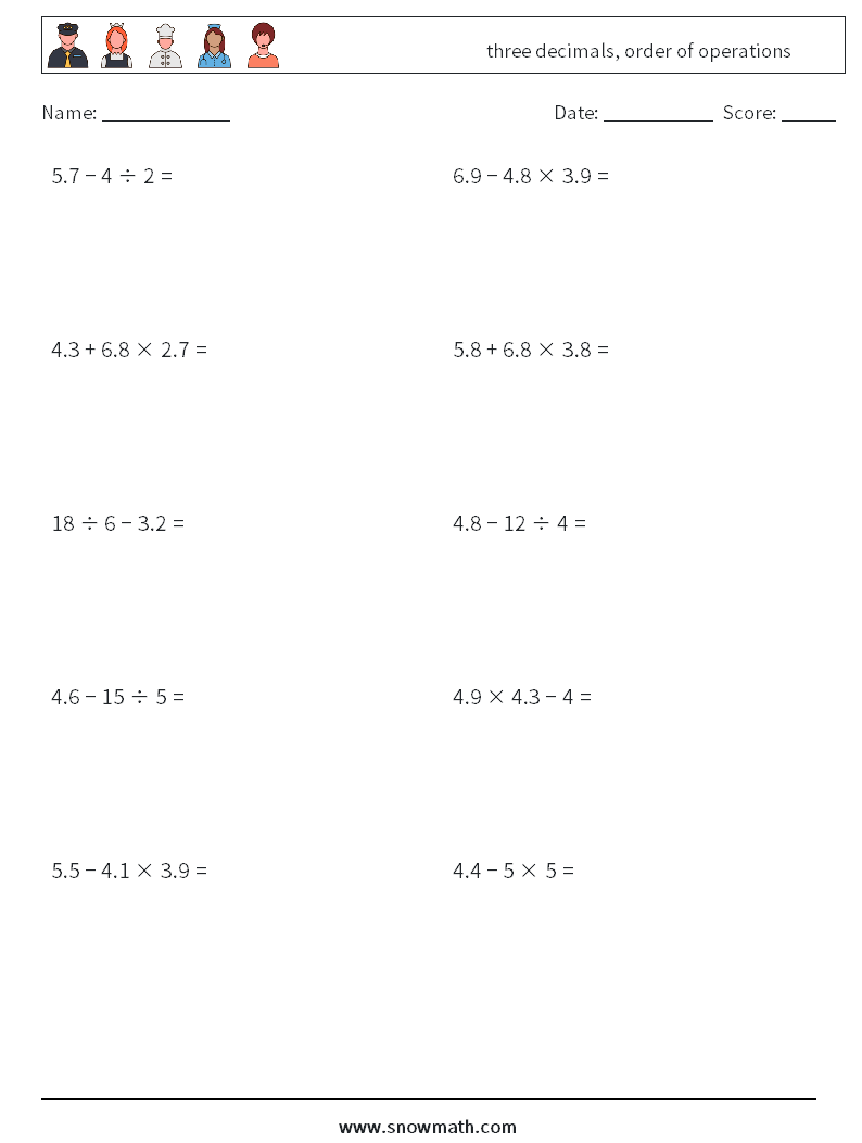 three decimals, order of operations Maths Worksheets 14