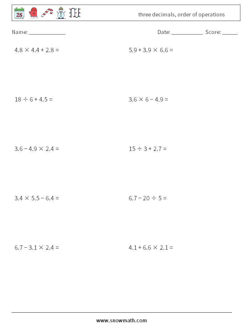 three decimals, order of operations Maths Worksheets 17