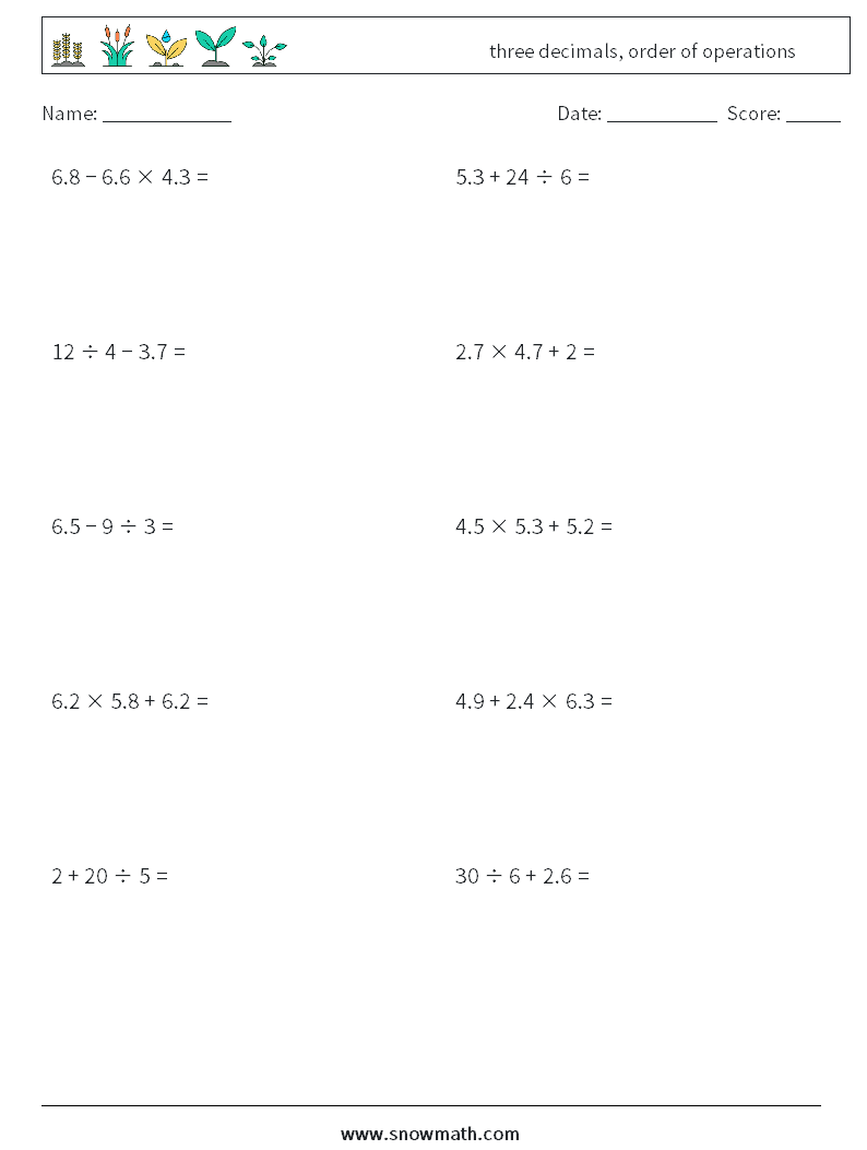 three decimals, order of operations Maths Worksheets 6