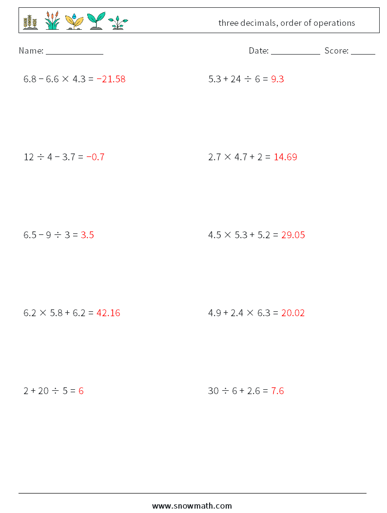 three decimals, order of operations Maths Worksheets 6 Question, Answer
