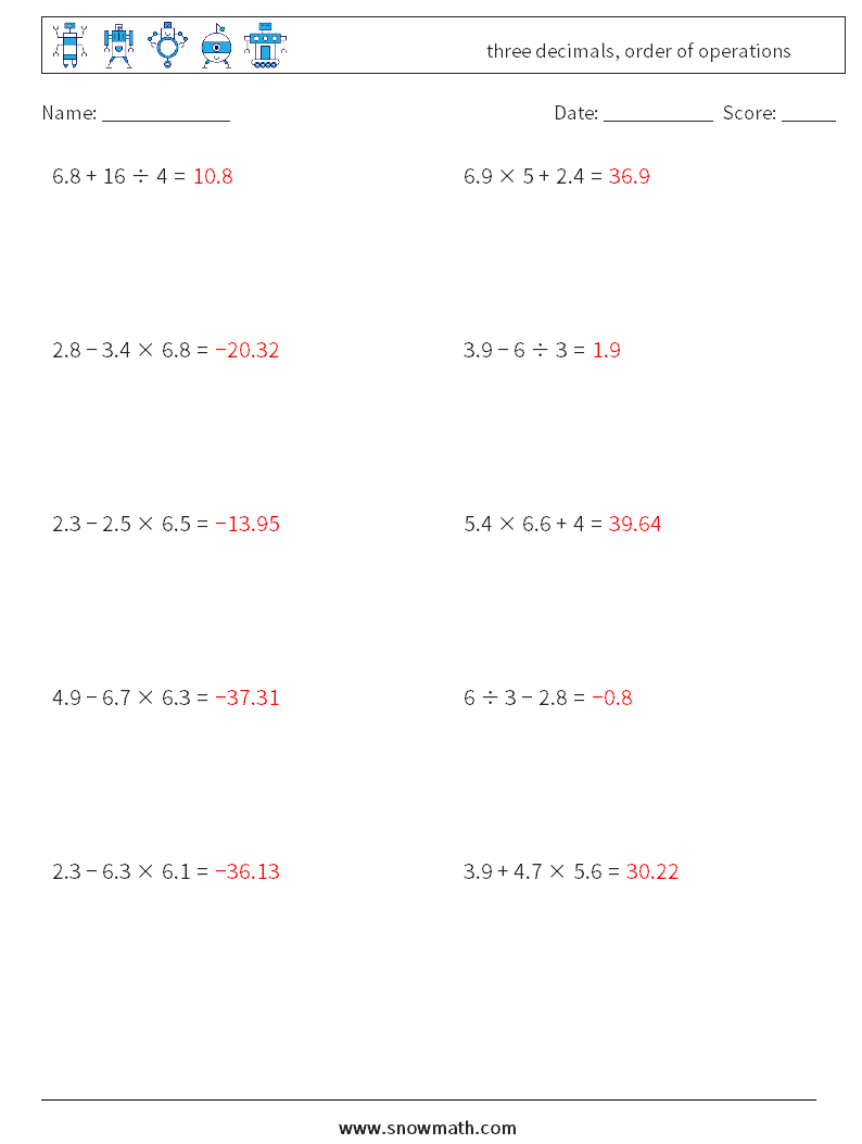 three decimals, order of operations Maths Worksheets 7 Question, Answer