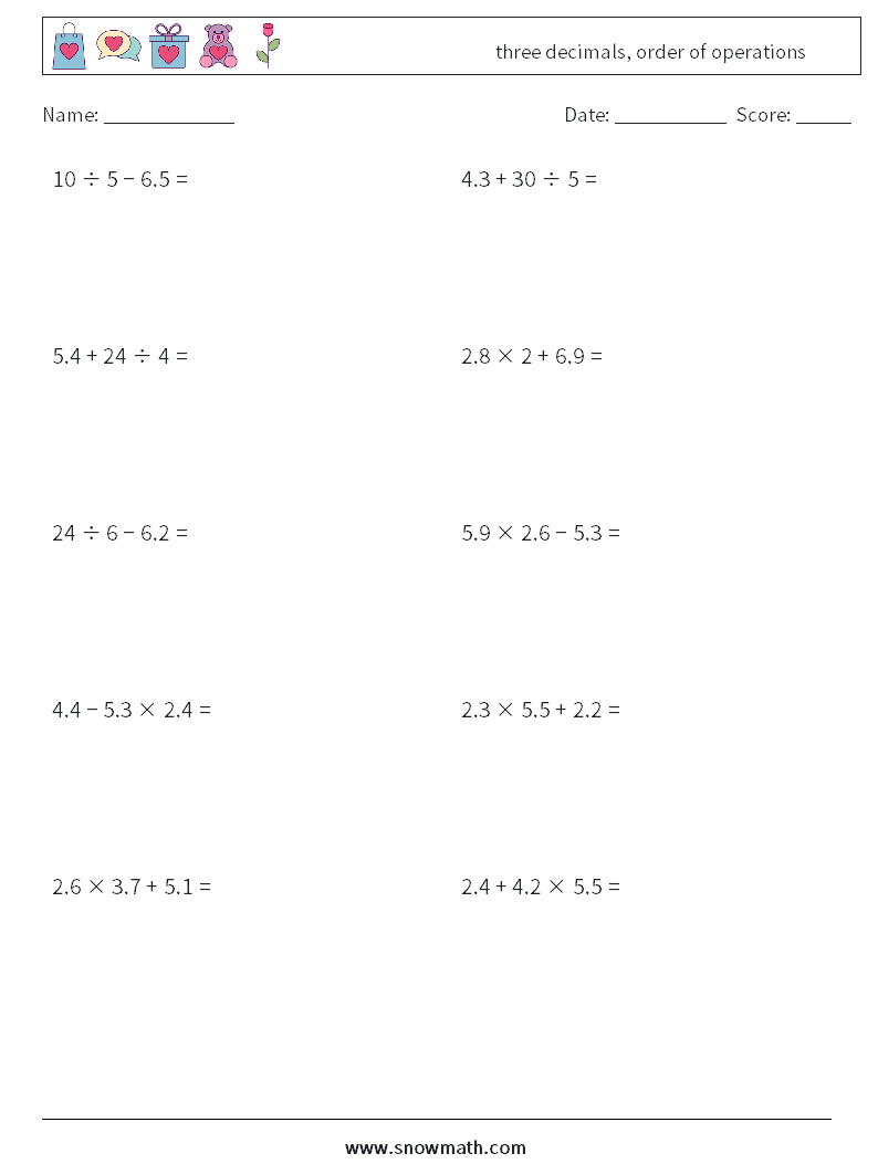 three decimals, order of operations Maths Worksheets 8