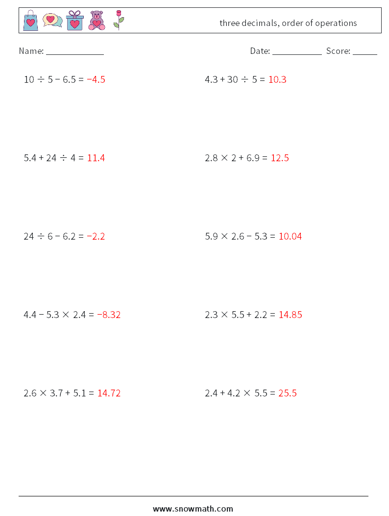 three decimals, order of operations Maths Worksheets 8 Question, Answer