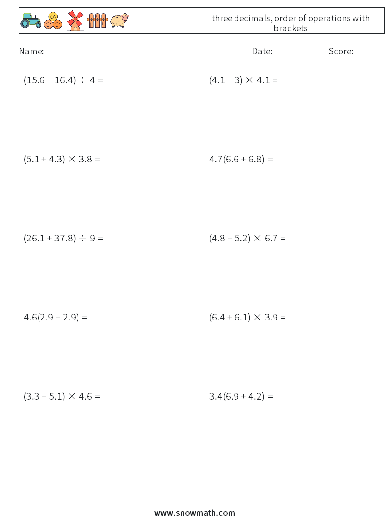 three decimals, order of operations with brackets Maths Worksheets 16