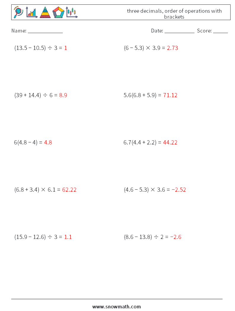 three decimals, order of operations with brackets Maths Worksheets 17 Question, Answer