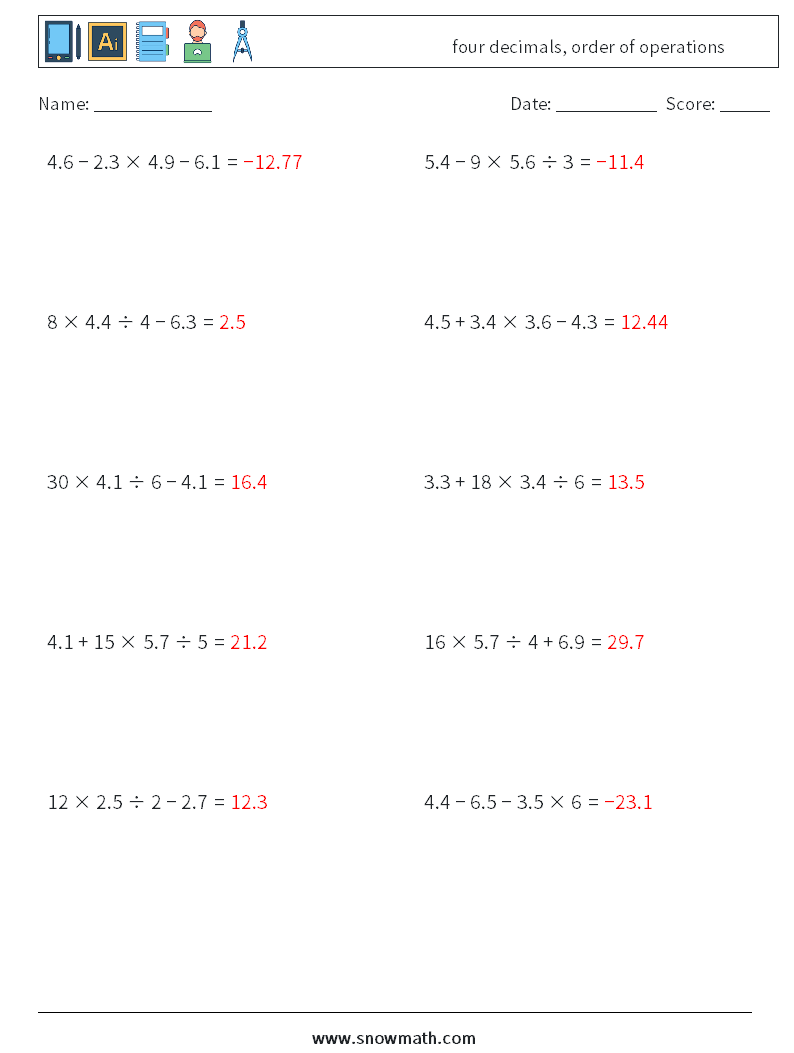 four decimals, order of operations Maths Worksheets 11 Question, Answer