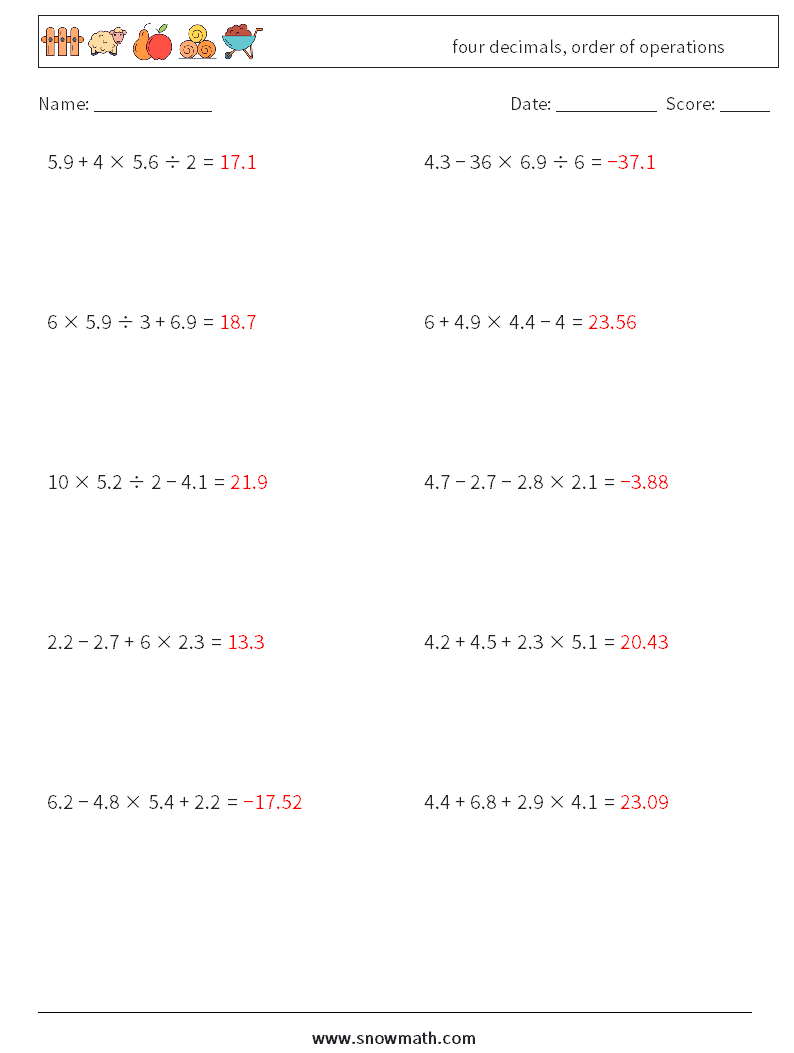 four decimals, order of operations Maths Worksheets 16 Question, Answer