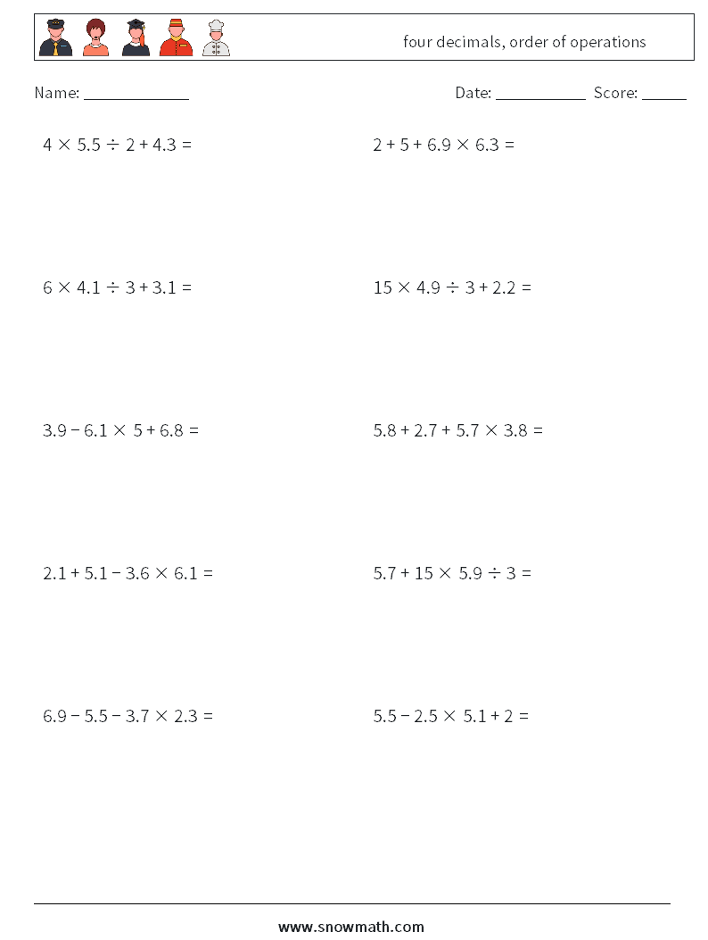 four decimals, order of operations Maths Worksheets 18