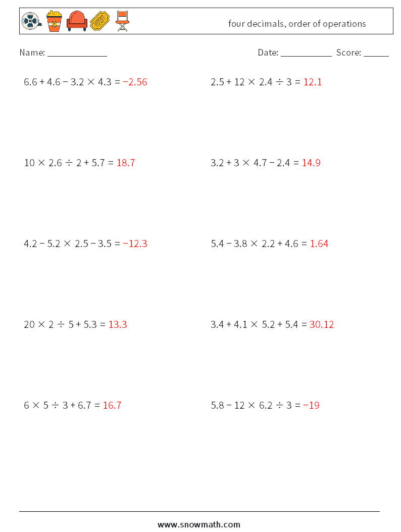 four decimals, order of operations Maths Worksheets 4 Question, Answer