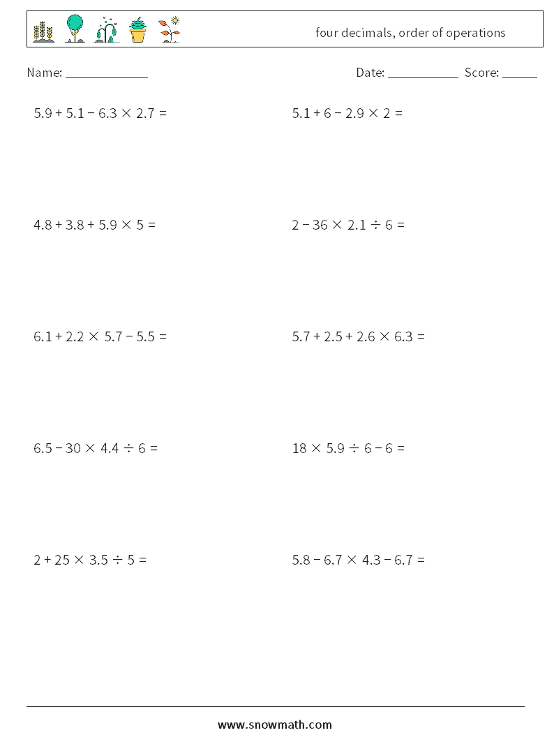 four decimals, order of operations Maths Worksheets 5