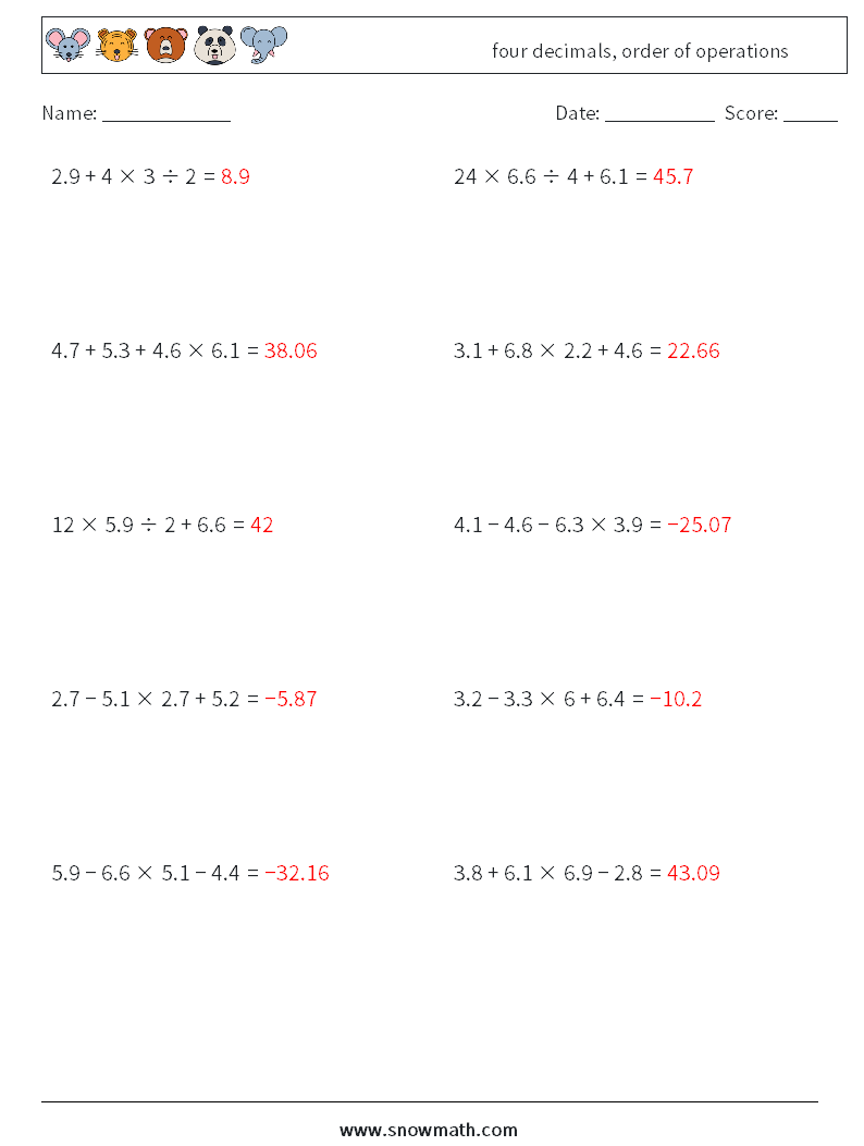 four decimals, order of operations Maths Worksheets 8 Question, Answer