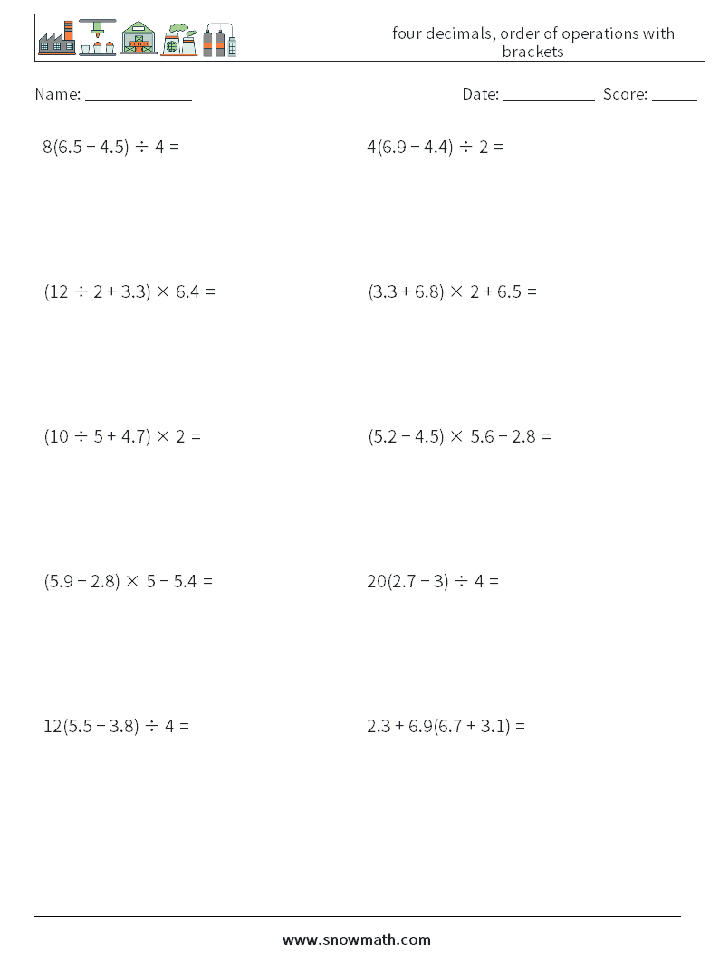 four decimals, order of operations with brackets Maths Worksheets 11