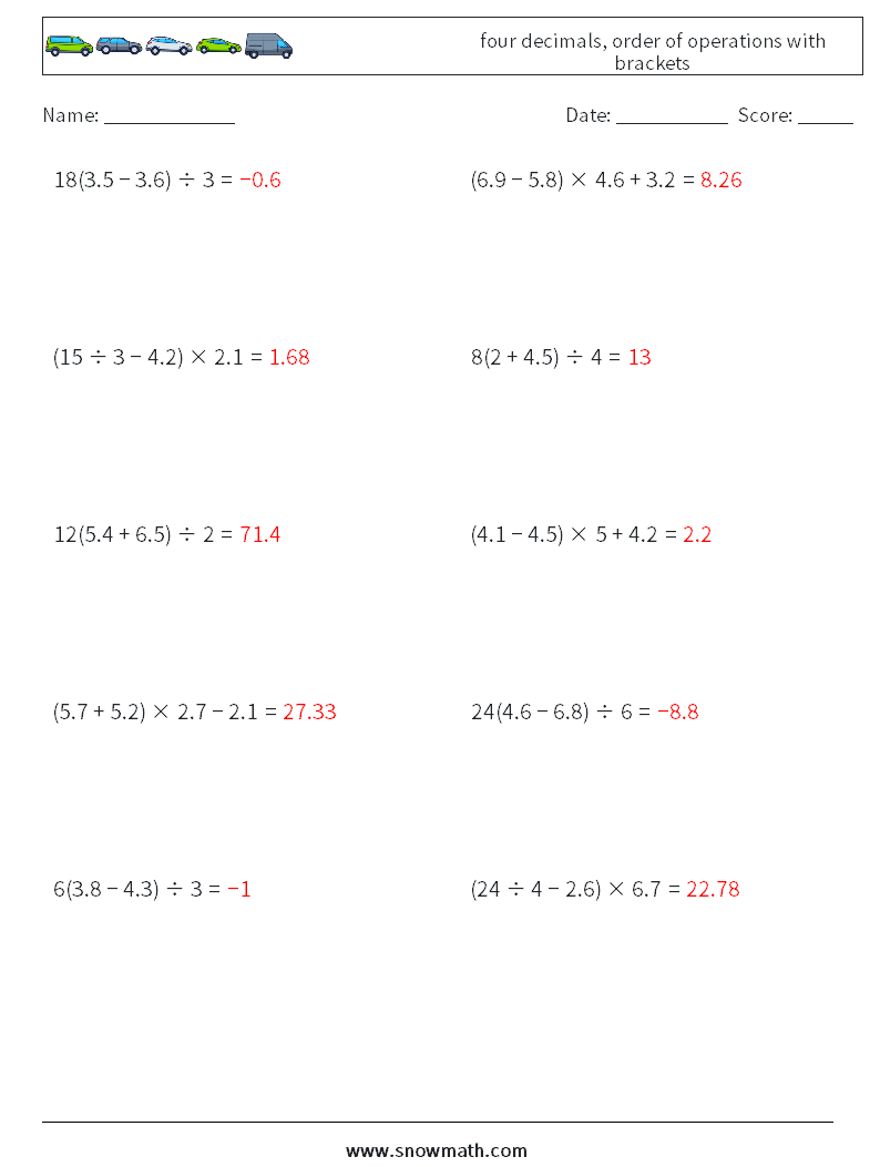 four decimals, order of operations with brackets Maths Worksheets 15 Question, Answer