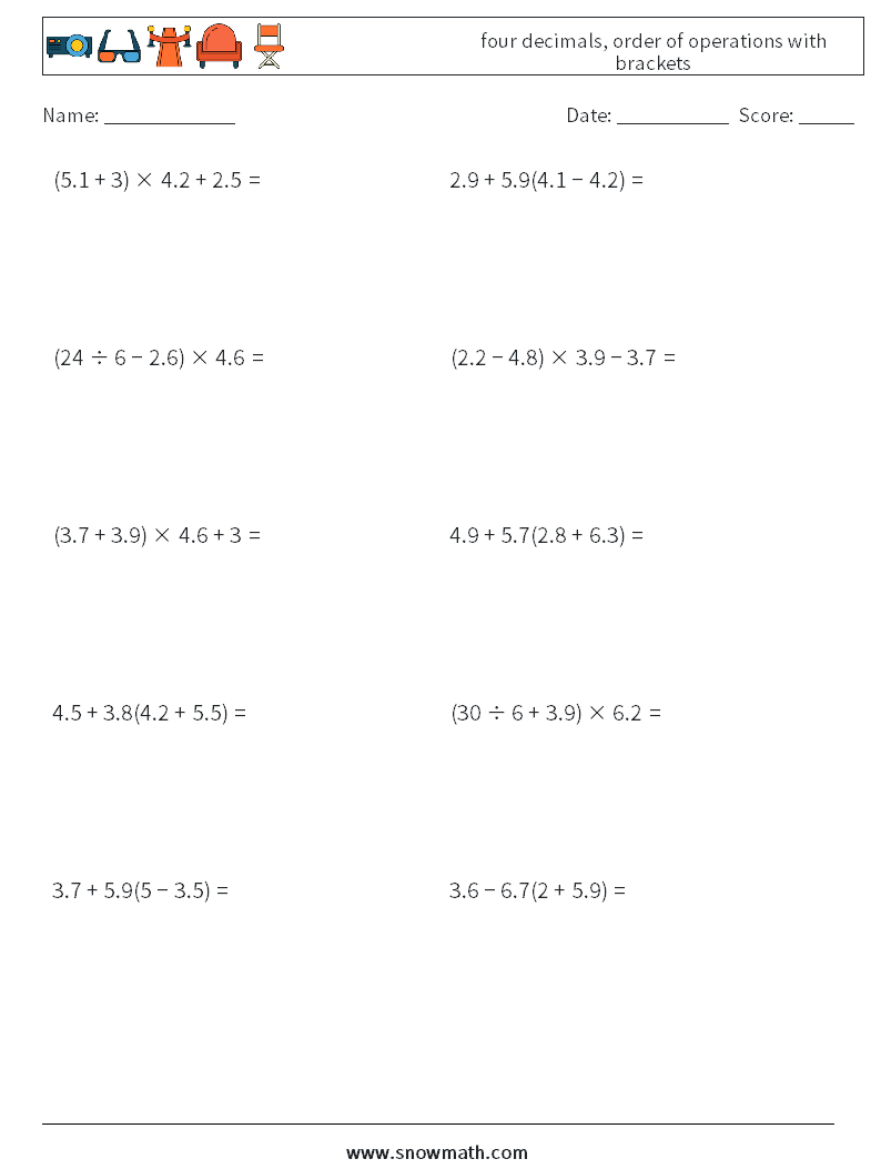 four decimals, order of operations with brackets Maths Worksheets 16