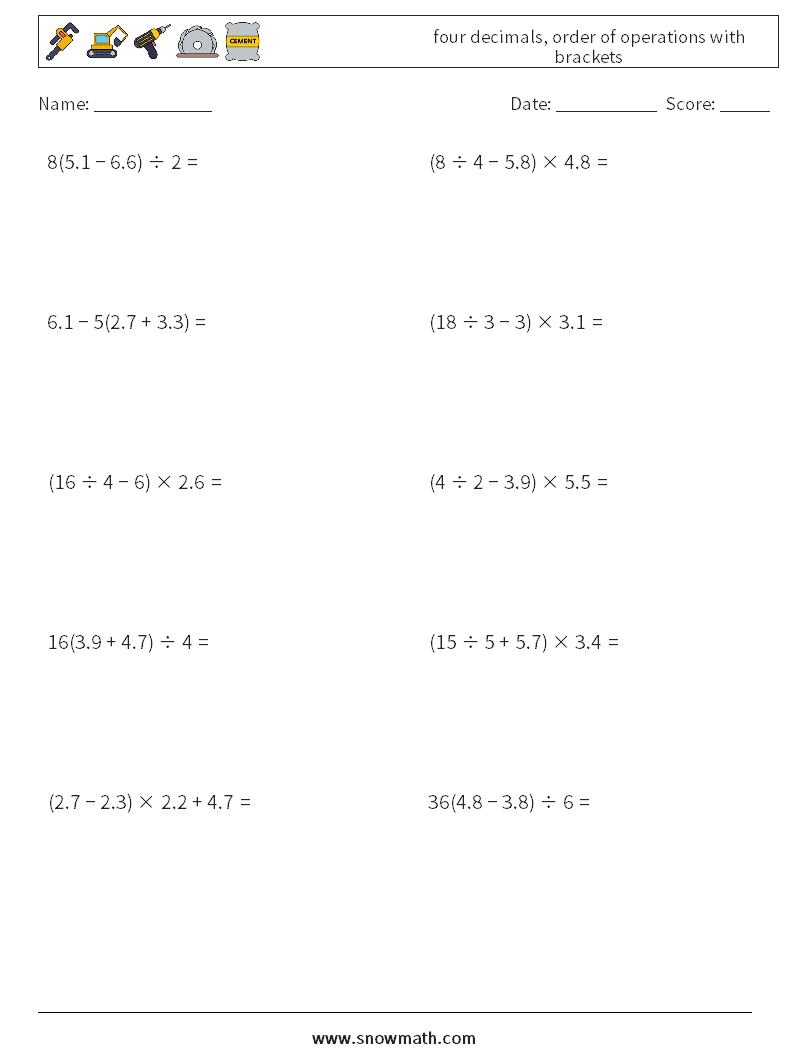 four decimals, order of operations with brackets Maths Worksheets 17