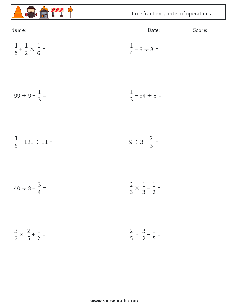three fractions, order of operations Maths Worksheets 14