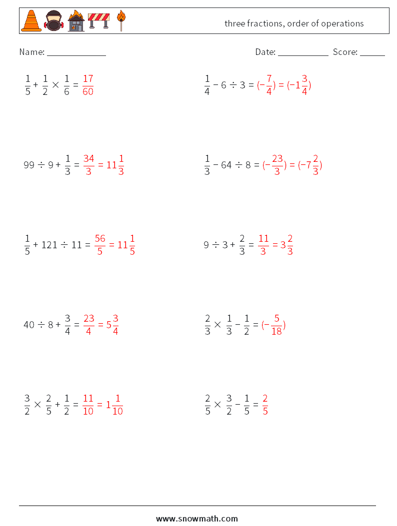 three fractions, order of operations Maths Worksheets 14 Question, Answer