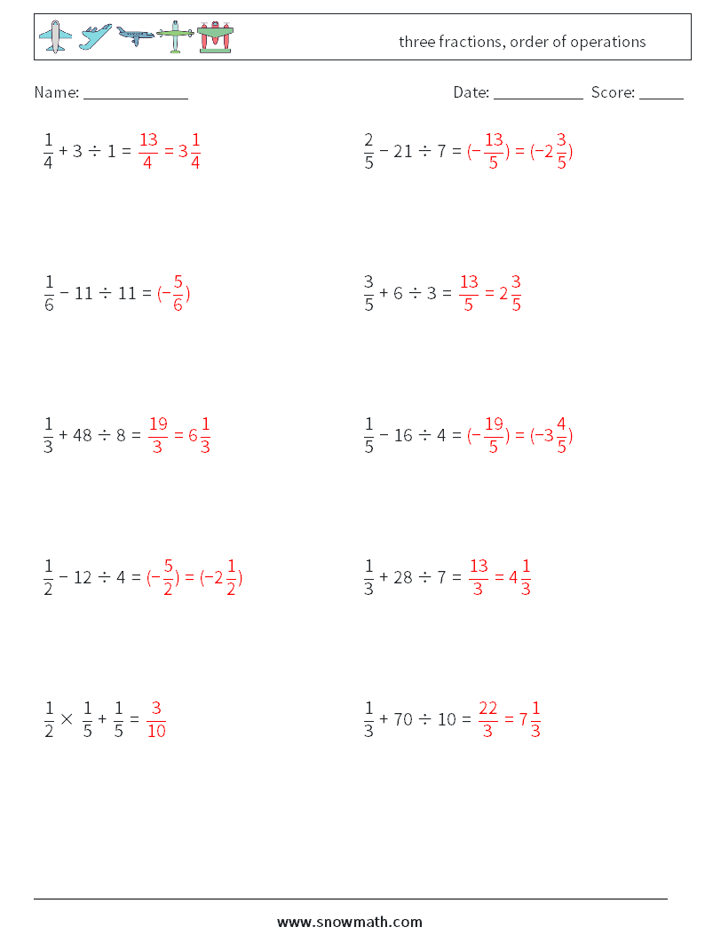 three fractions, order of operations Maths Worksheets 1 Question, Answer