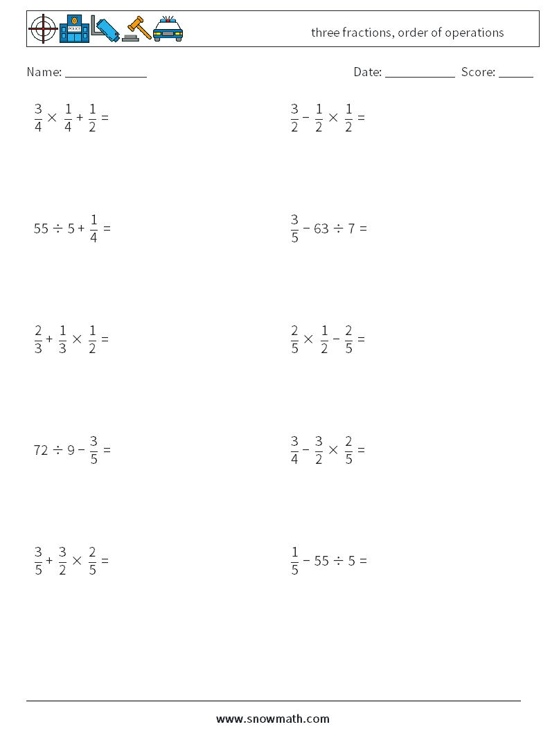 three fractions, order of operations Maths Worksheets 2