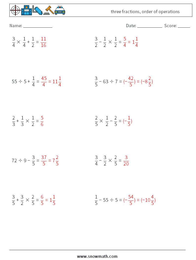 three fractions, order of operations Maths Worksheets 2 Question, Answer