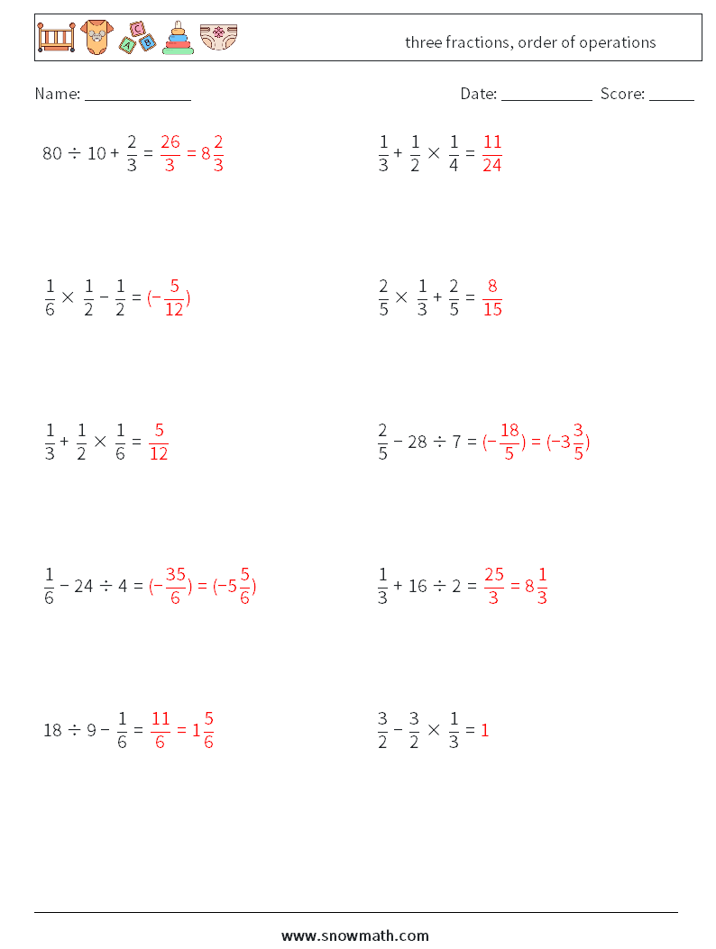 three fractions, order of operations Maths Worksheets 3 Question, Answer