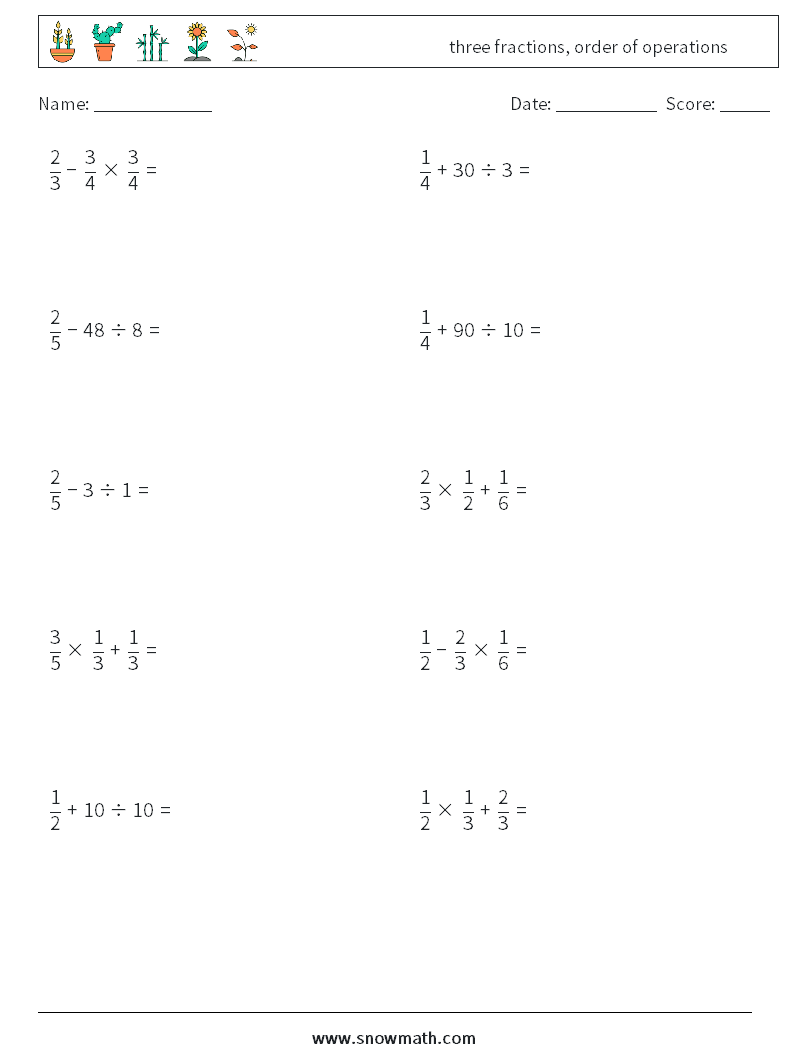 three fractions, order of operations Maths Worksheets 4